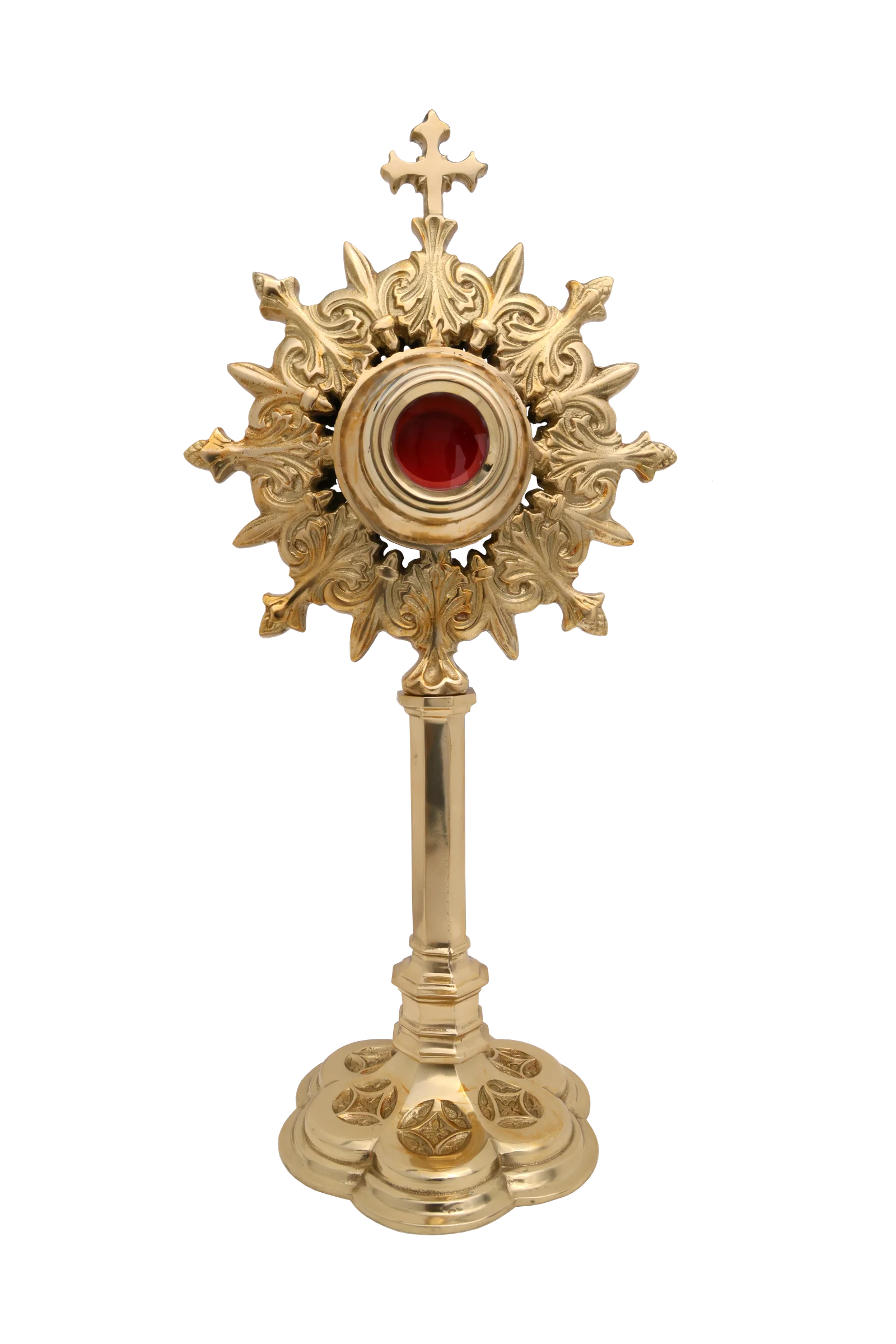 Relikwiarz neogotycki – złocona forma z promienistą glorią i bogatymi zdobieniami.