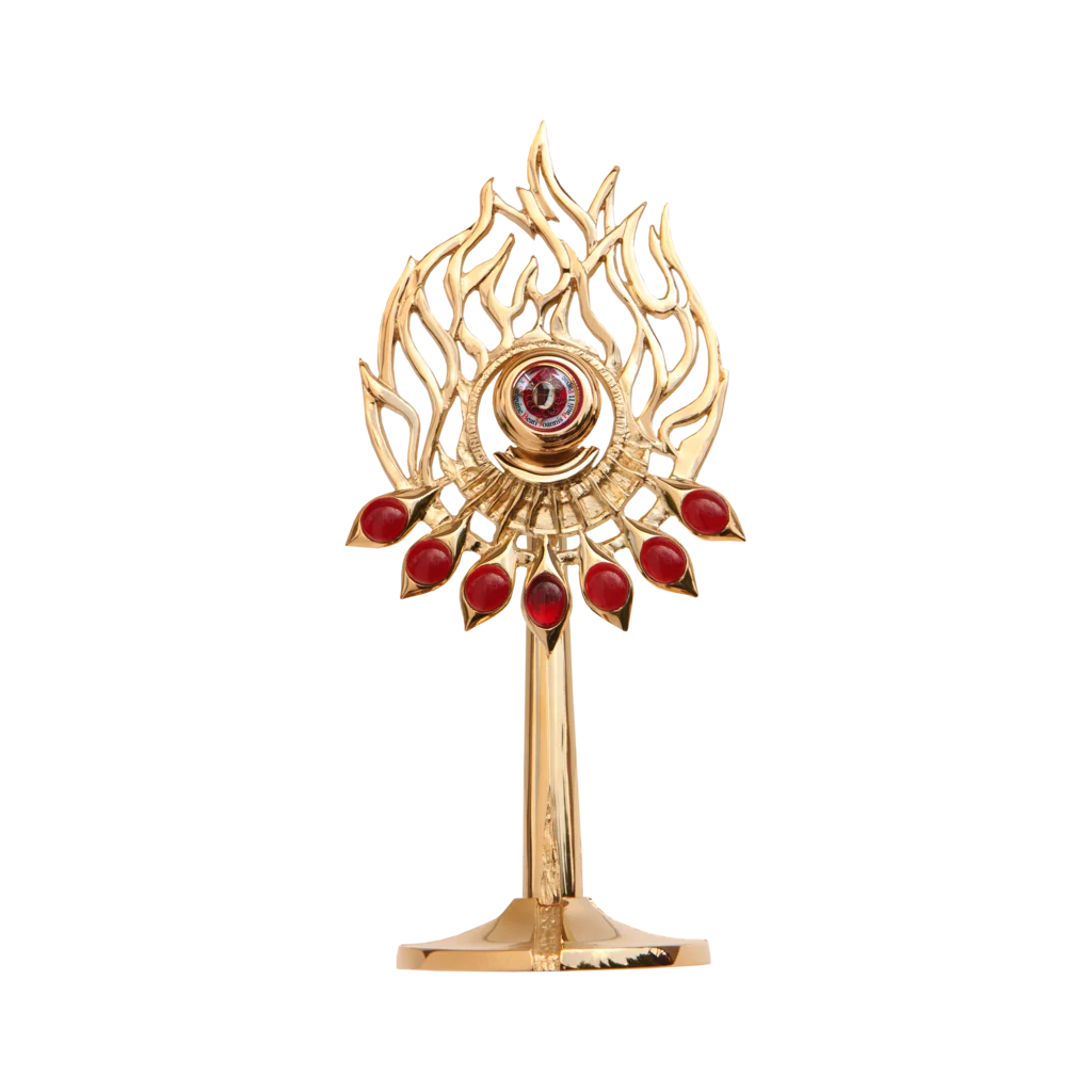 Relikwiarz w kształcie płomieni z czerwonymi zdobieniami symbolizującymi ogień Ducha Świętego.