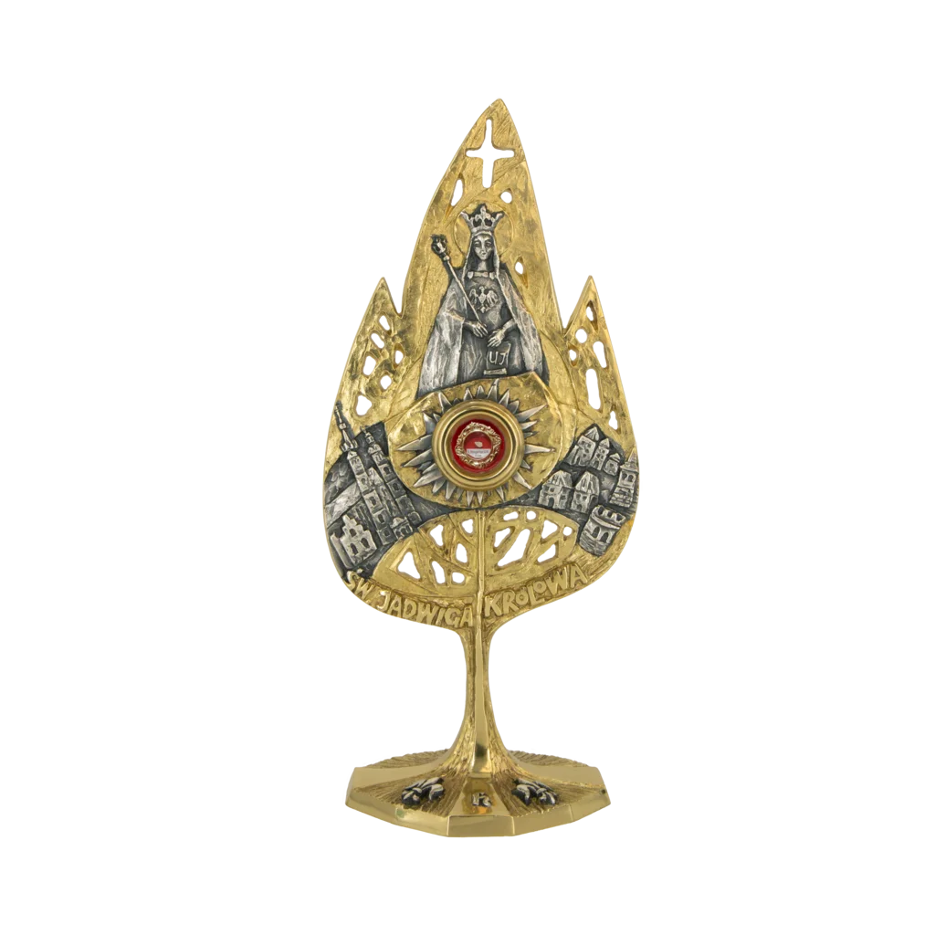 Relikwiarz św. Jadwigi Królowej – złocony, ażurowy, z kapsułą na relikwie, symbolizujący miłosierdzie i wiarę.