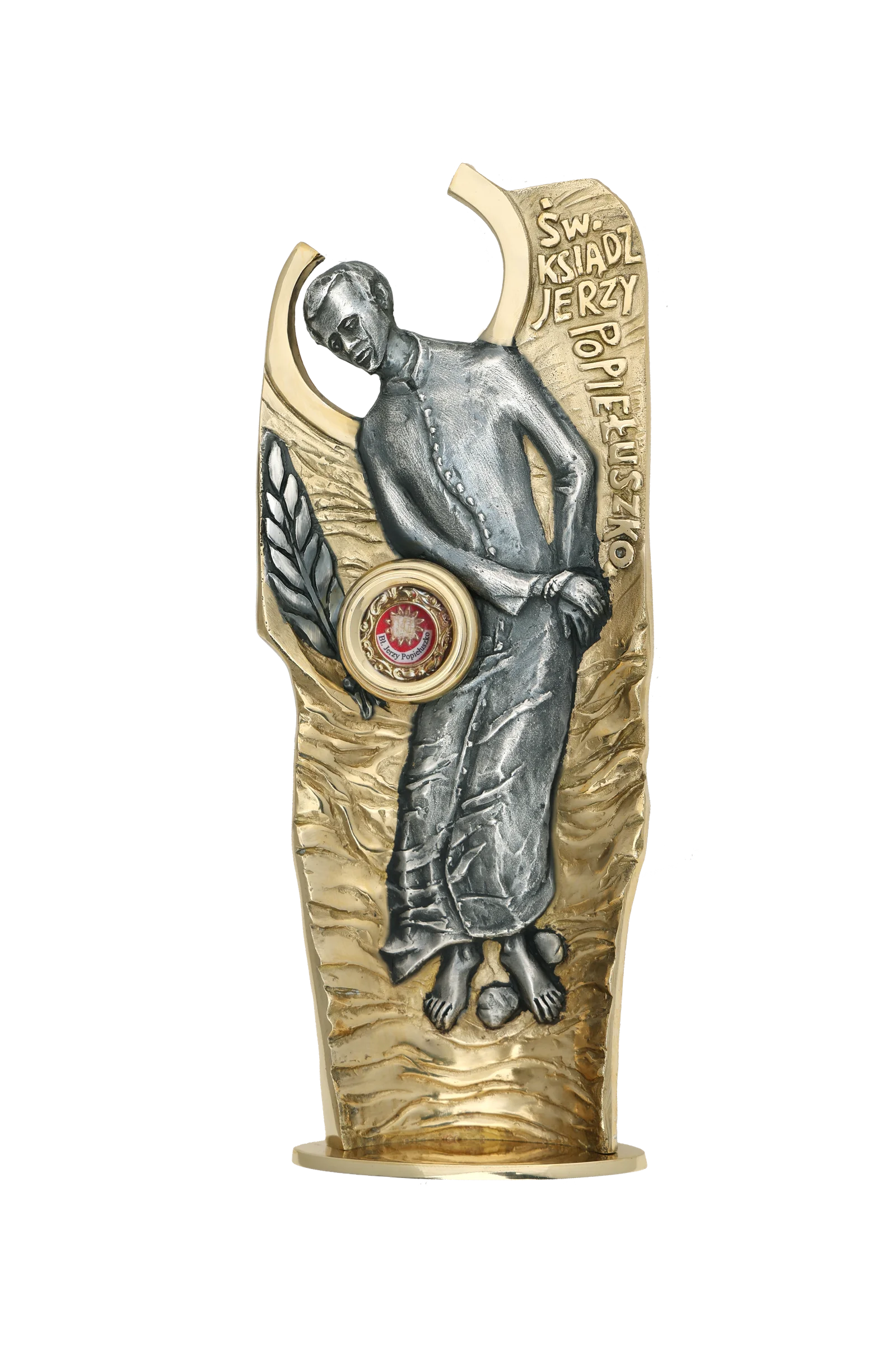 Relikwiarz bł. ks. Jerzego Popiełuszki – złocony, z kapsułą na relikwie, symbol męczeństwa i wiary.