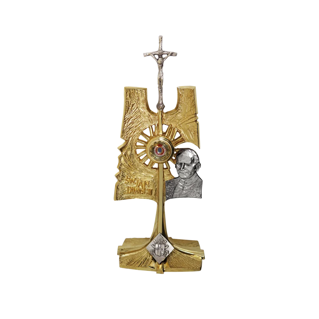 Relikwiarz św. Jana Pawła II – złocony, z krzyżem i wizerunkiem papieża, dekoracyjny