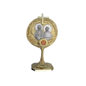 Relikwiarz księży męczenników z Peru – złocony, dekoracyjny, z wizerunkami o. Tomaszka i o. Strzałkowskiego