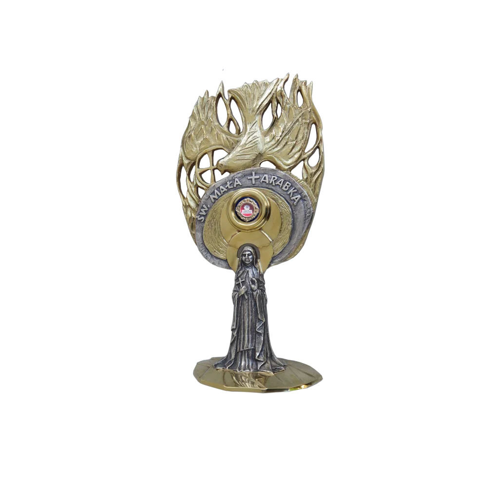 Relikwiarz św. Marii od Jezusa Ukrzyżowanego (Mała Arabka), mistyczki i stygmatyczki z Palestyny, z motywem płomieni symbolizujących Ducha Świętego.