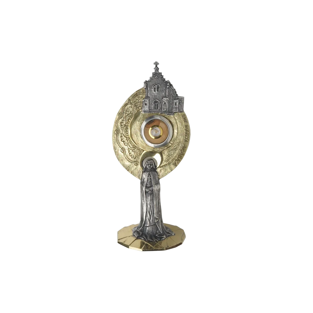 Relikwiarz św. Marii od Jezusa Ukrzyżowanego (Mała Arabka) z wizerunkiem Świętej w habicie i symbolem świątyni nad relikwiami.