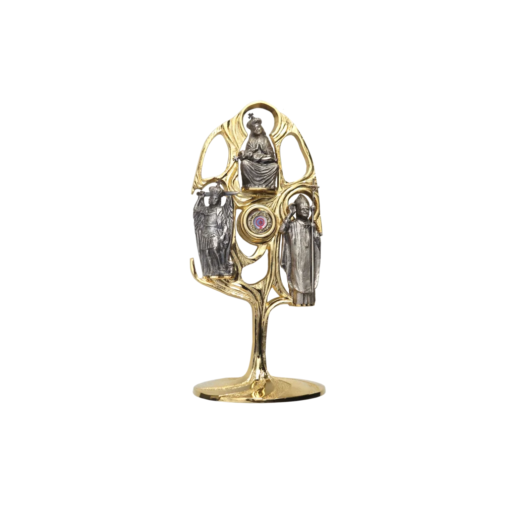 Relikwiarz ze św. Michałem Archaniołem, św. Janem Pawłem II i Matką Bożą – złocona oprawa w kształcie drzewa życia.