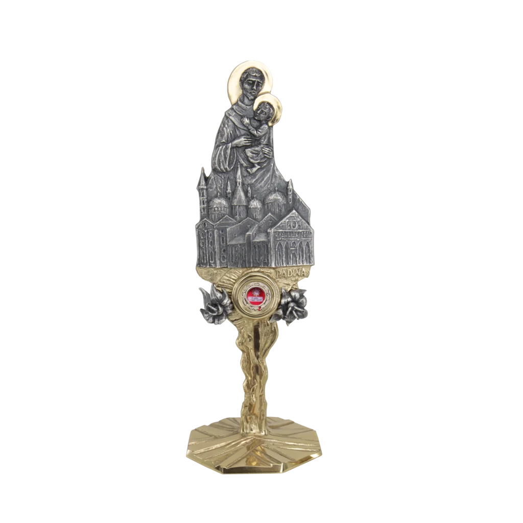 Relikwiarz św. Antoniego z Padwy z wizerunkiem świętego trzymającego Dzieciątko Jezus na tle bazyliki w Padwie.