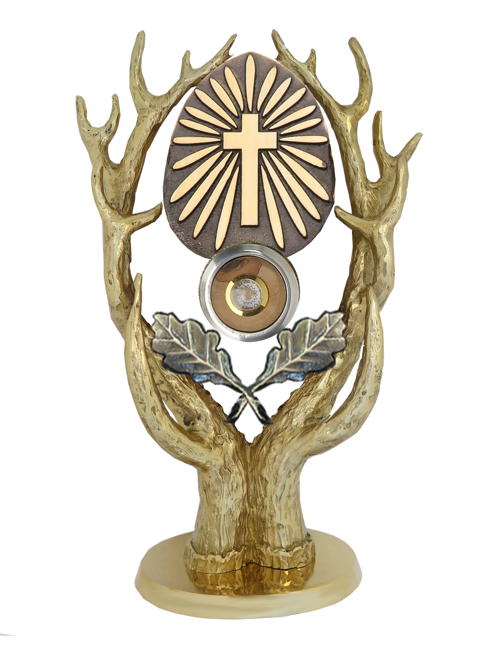 Relikwiarz św. Huberta – patrona myśliwych i leśników, w formie drzewa z rogami jelenia i krzyżem w centrum.