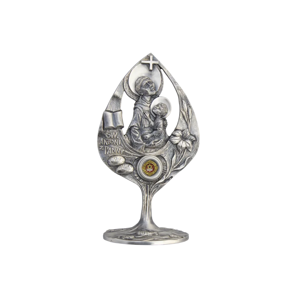 Relikwiarz św. Antoniego z Padwy – święty z Dzieciątkiem Jezus, księgą i lilią, symbol czystości i mądrości.