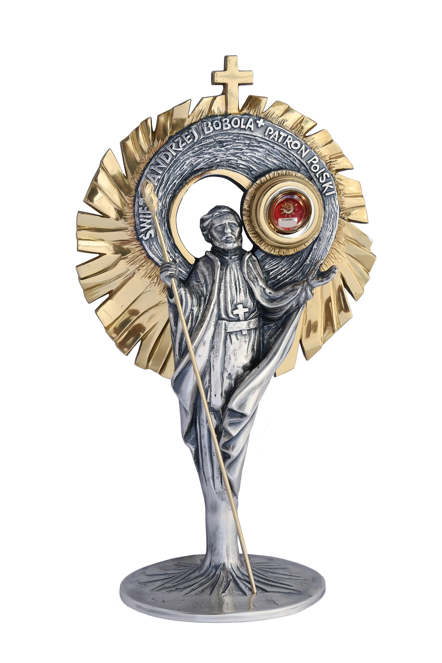 Relikwiarz św. Andrzeja Boboli – patron Polski, z pastorałem i złotymi promieniami, symbol odwagi i wiary.