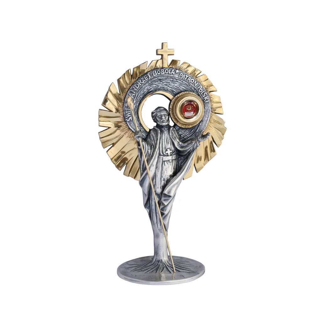 Relikwiarz św. Andrzeja Boboli – patron Polski, z pastorałem i złotymi promieniami, symbol odwagi i wiary.