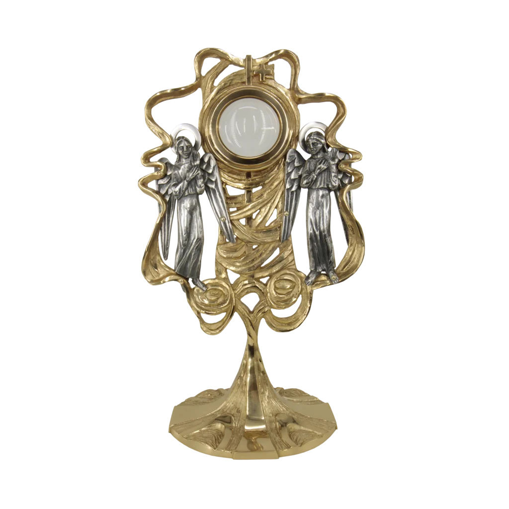 Relikwiarz uniwersalny z aniołami po bokach i złocistą oprawą – symbol opieki i niebiańskiej chwały.