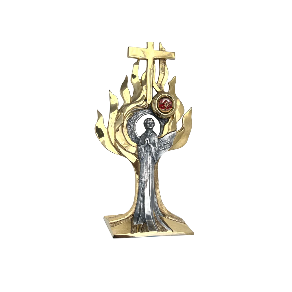 Relikwiarz św. Gemmy Galgani – złociste płomienie, krzyż i srebrzysta postać świętej.