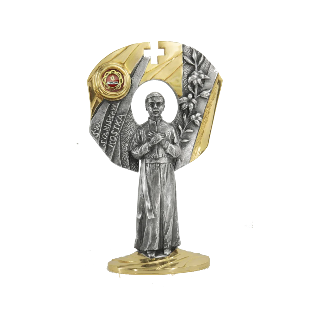 Relikwiarz św. Stanisława Kostki – złoto-srebrna figura z lilią, symbol czystości i patronatu nad młodzieżą.