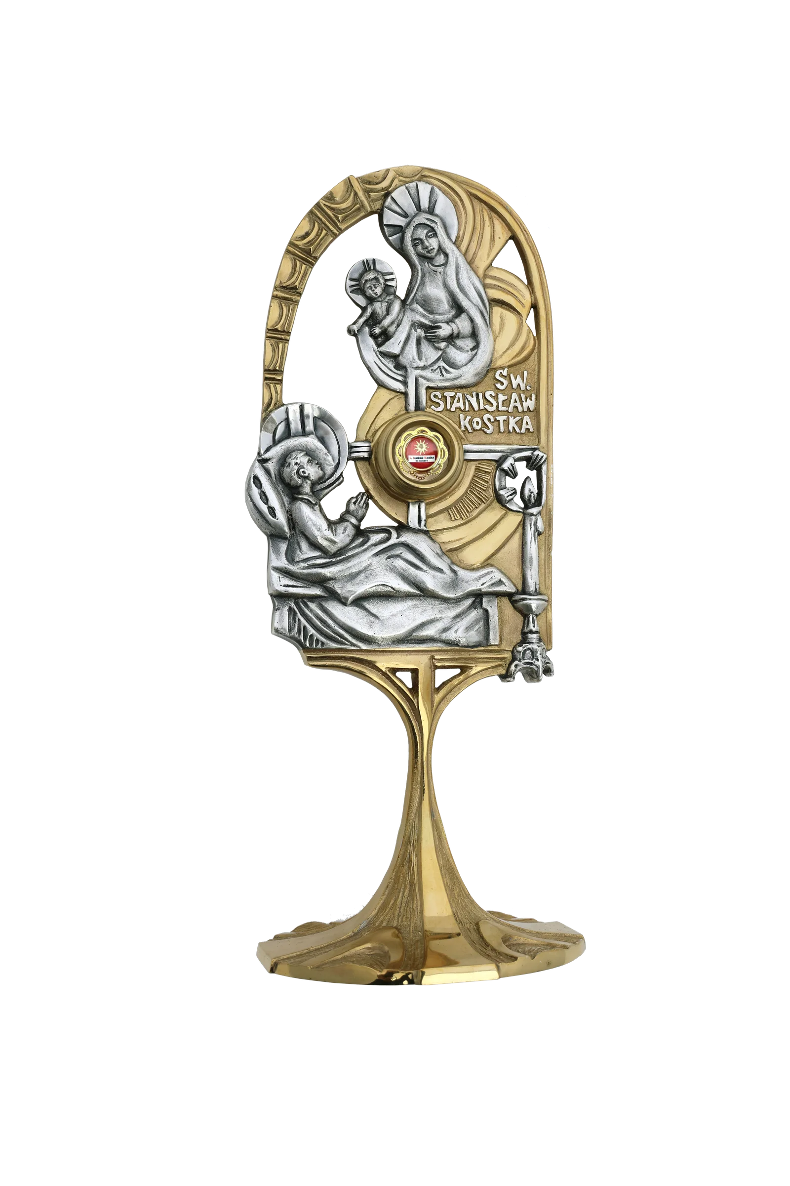 Relikwiarz św. Stanisława Kostki – wizja Maryi z Dzieciątkiem, złoto-srebrna kompozycja w lekkiej, smukłej formie.