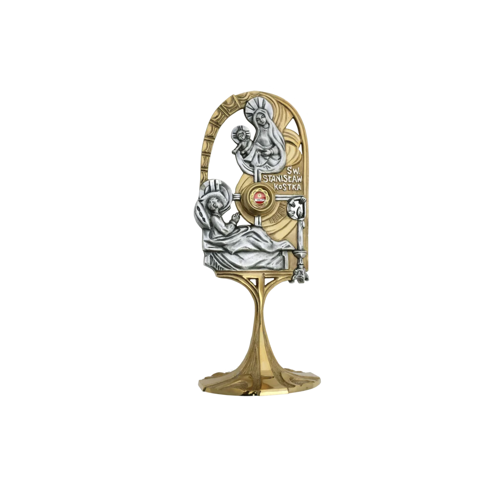 Relikwiarz św. Stanisława Kostki – wizja Maryi z Dzieciątkiem, złoto-srebrna kompozycja w lekkiej, smukłej formie.