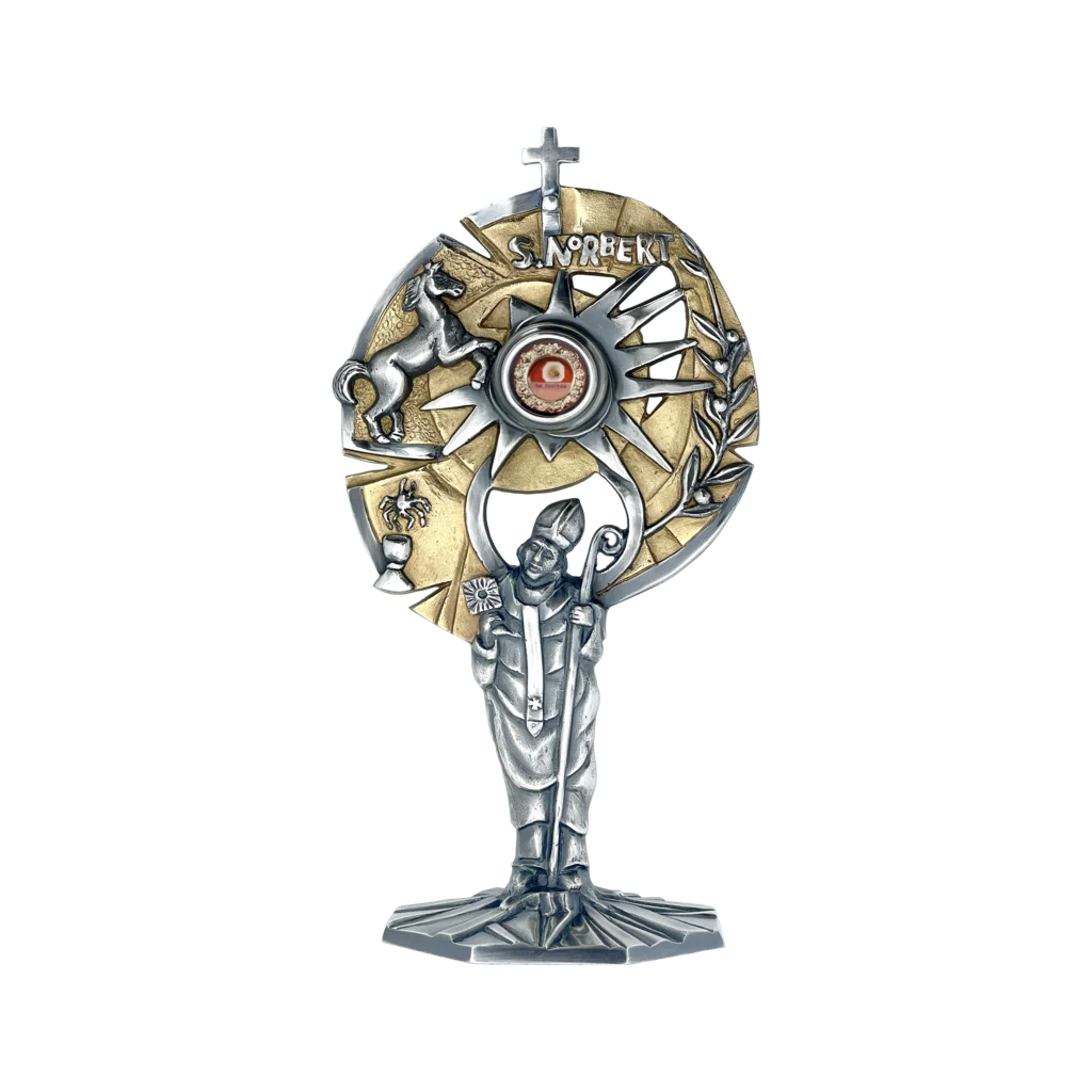 Relikwiarz św. Norberta – złoto-srebrna kompozycja z postacią świętego, symbolami Eucharystii i jednorożcem.