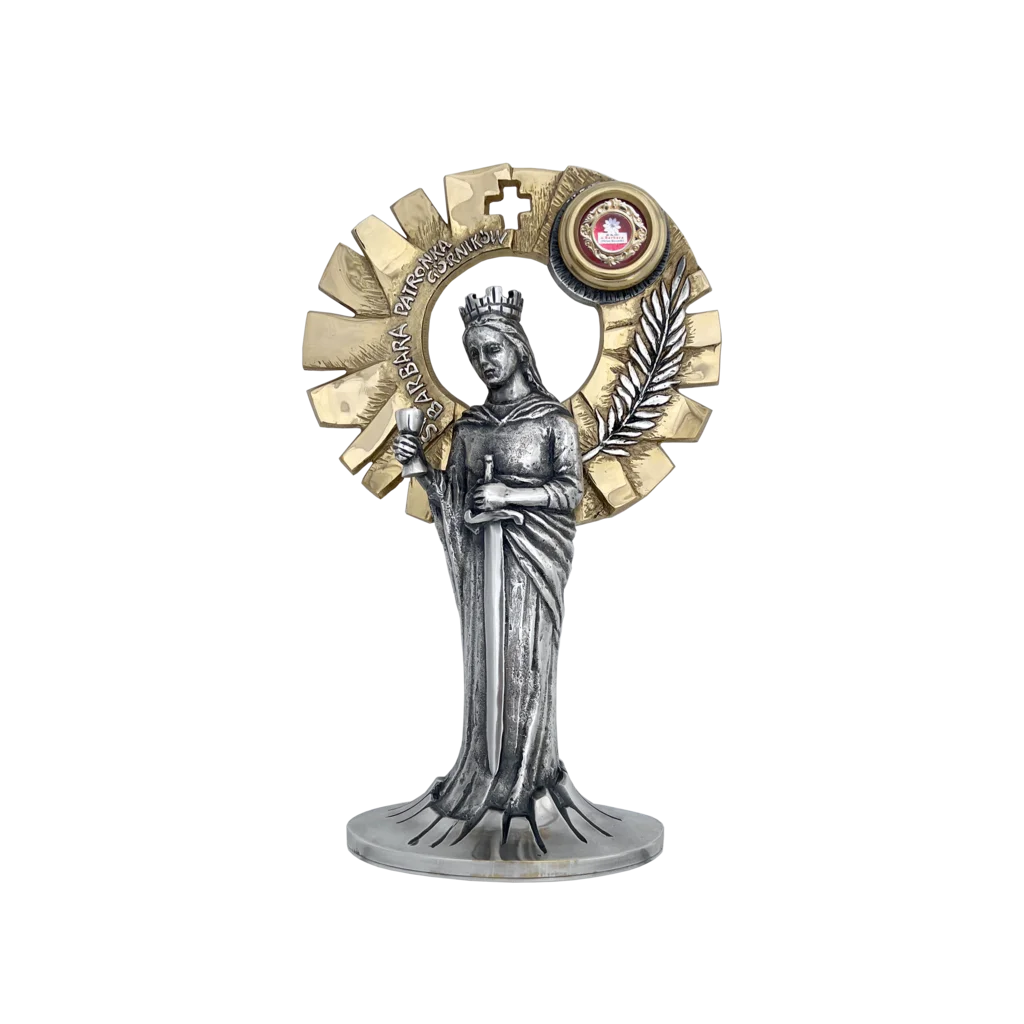 Relikwiarz św. Barbary – srebrna figura z mieczem i palmą męczeństwa w złotej aureoli.