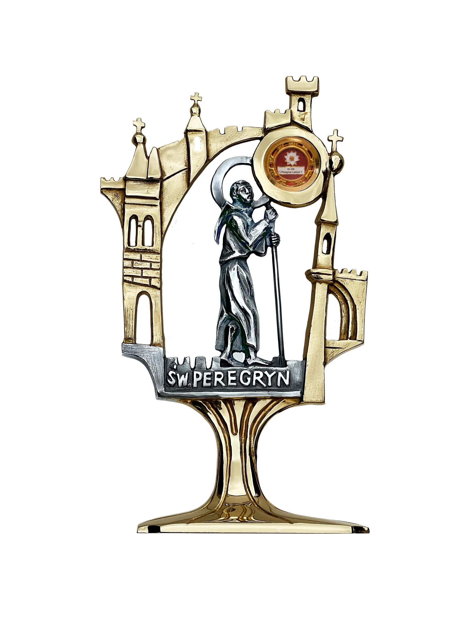 Relikwiarz św. Peregryna – patrona chorych na nowotwory, w złoconej oprawie z wieżami i laską pielgrzyma.
