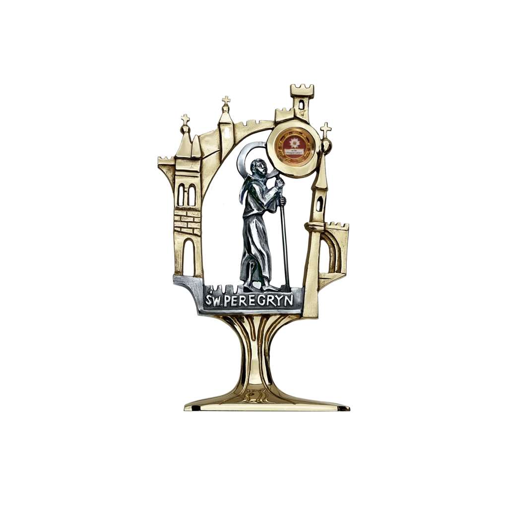 Relikwiarz św. Peregryna – patrona chorych na nowotwory, w złoconej oprawie z wieżami i laską pielgrzyma.