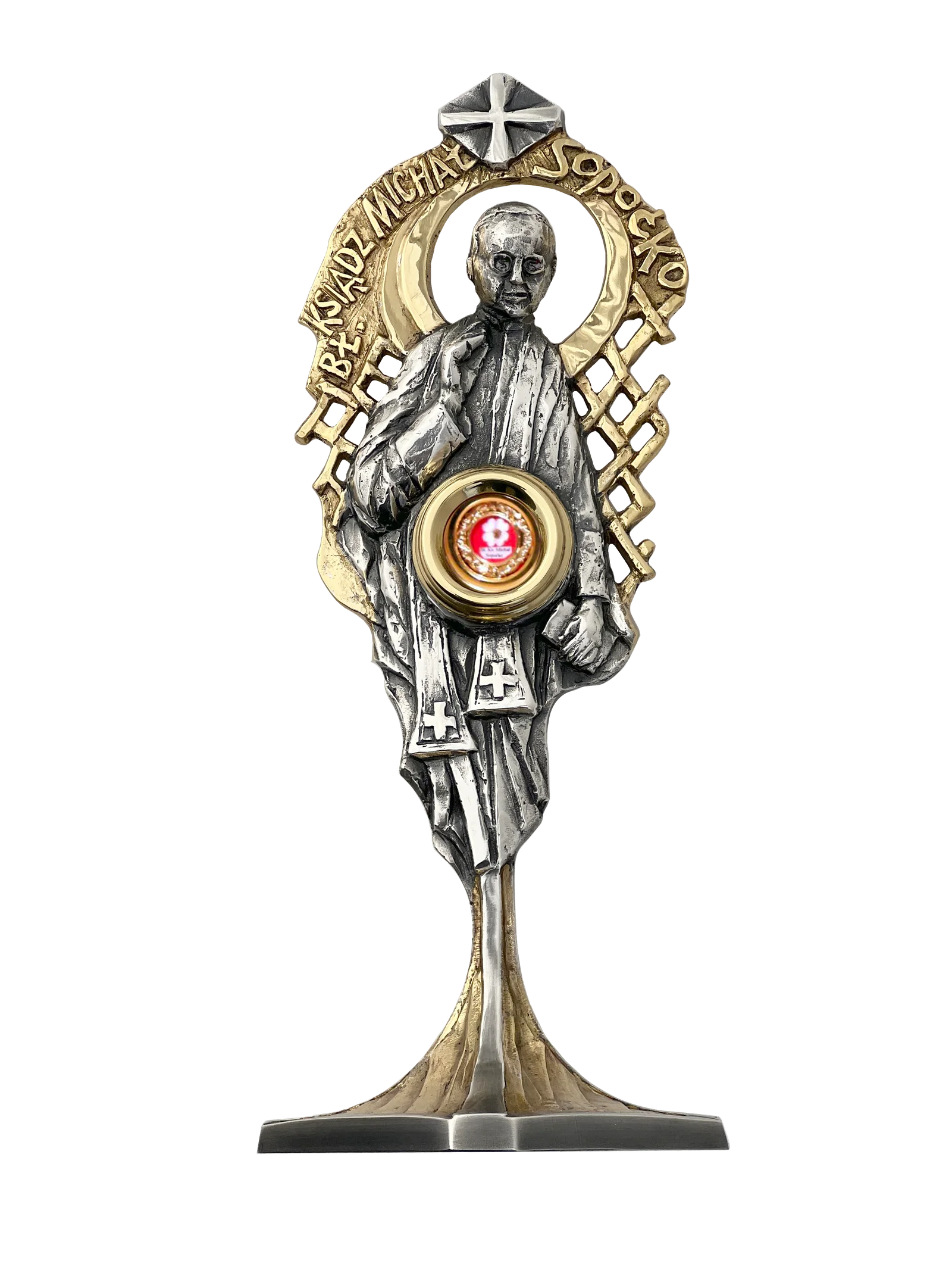 Relikwiarz bł. Michała Sopoćki – srebrno-złoty, z figurą kapłana i miejscem na relikwie, inspirowany kultem Bożego Miłosierdzia