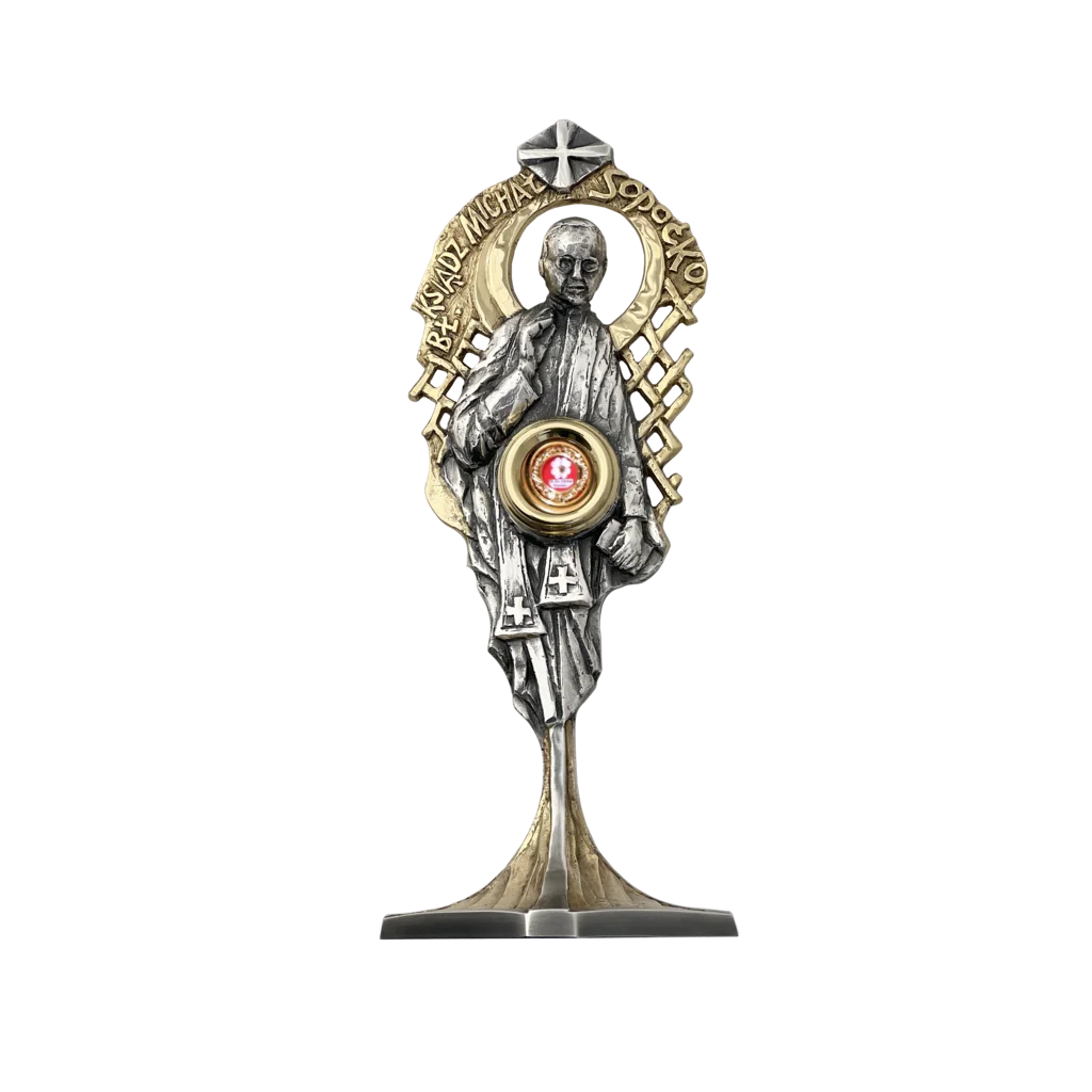 Relikwiarz bł. Michała Sopoćki – srebrno-złoty, z figurą kapłana i miejscem na relikwie, inspirowany kultem Bożego Miłosierdzia
