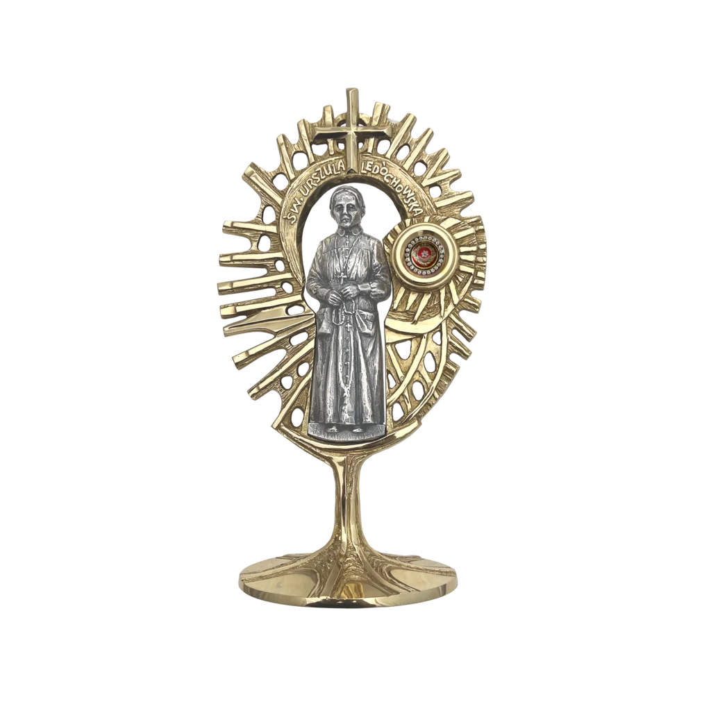 Relikwiarz św. Urszuli Ledóchowskiej – patronki wychowawców i młodzieży, złocony, z promienistym tłem i miejscem na relikwie.