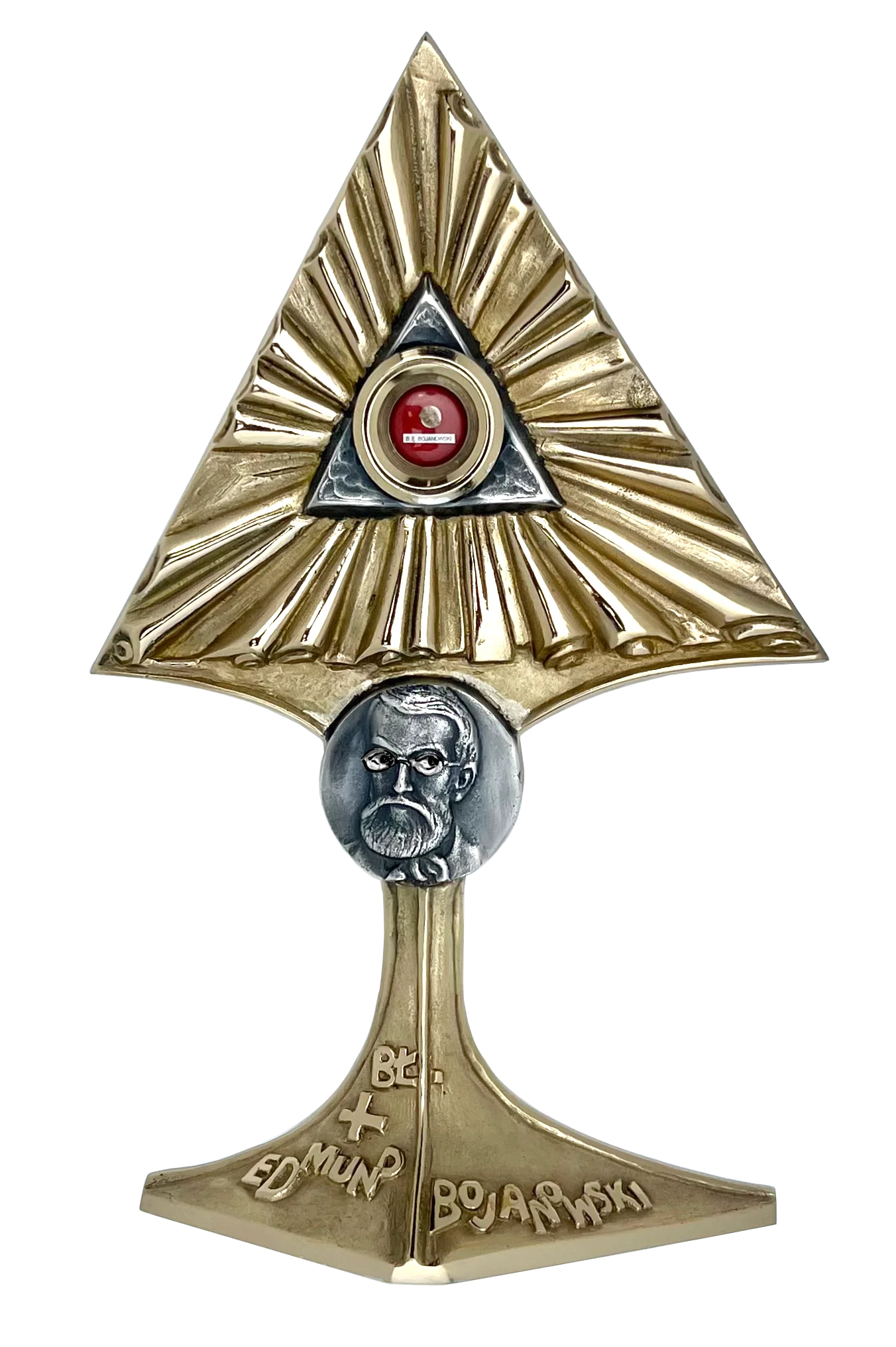 Relikwiarz z relikwiami bł. Edmunda Bojanowskiego – patrona rodzin, dzieci i wychowawców, ozdobiony trójkątną aureolą z promieniami.