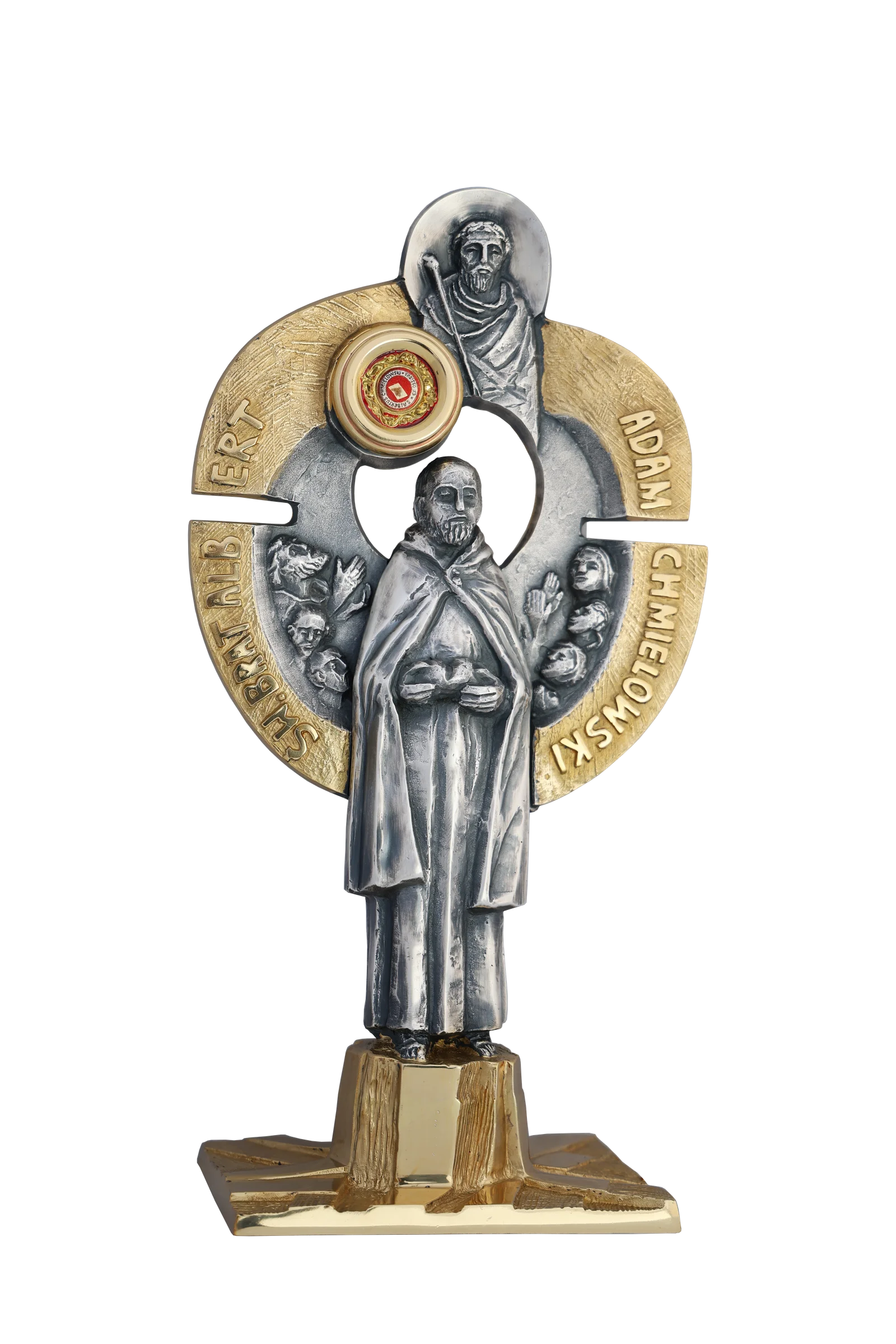 Relikwiarz św. Brata Alberta Chmielowskiego – patrona ubogich, bezdomnych i artystów, w złoconej oprawie.