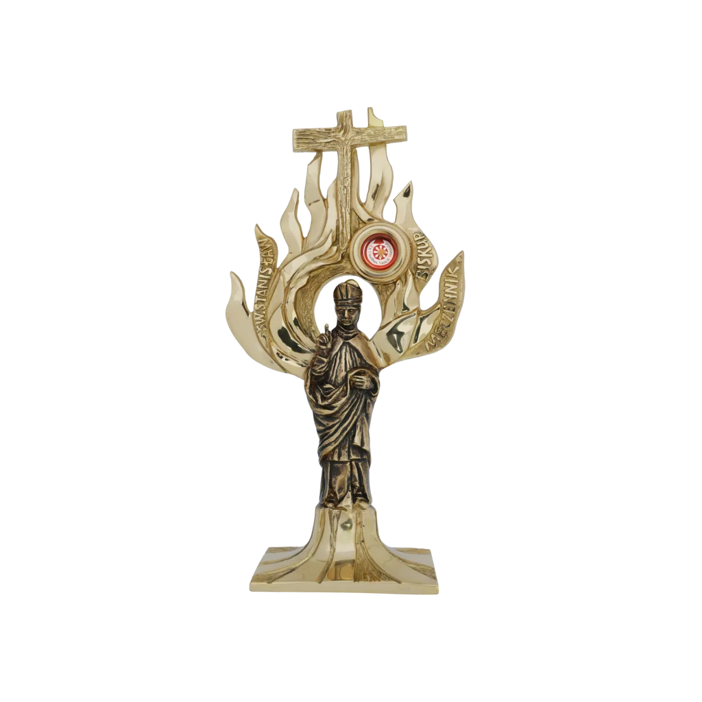 Relikwiarz św. Stanisława Biskupa Męczennika – złota forma z płomieniami i krzyżem, symbol wiary i ofiary.