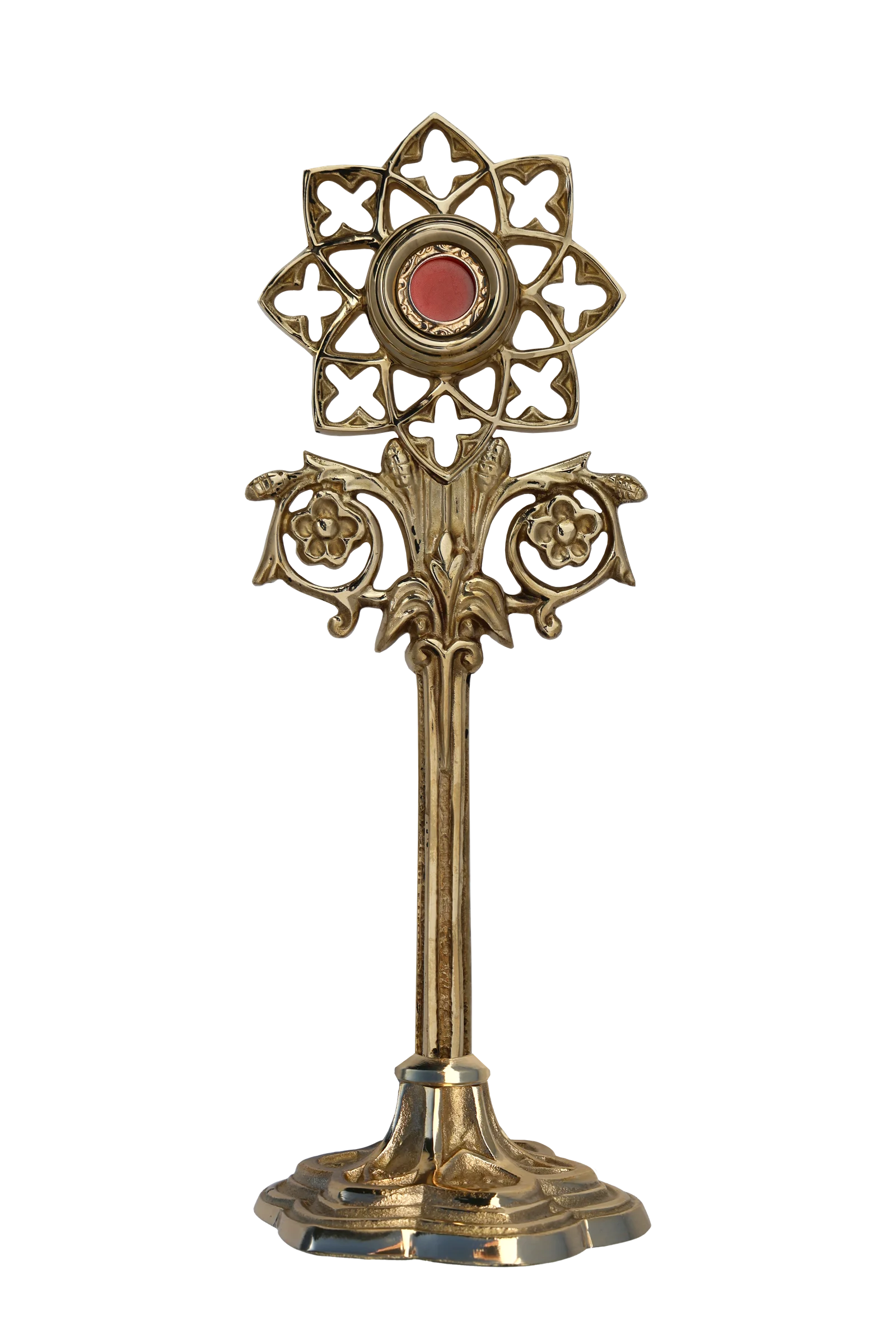 „Relikwiarz neogotycki w formie złoconej konstrukcji z ażurową dekoracją w kształcie gwiazdy, styl sakralny”