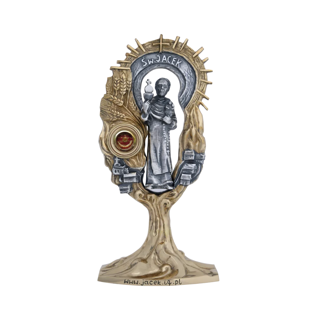 „Relikwiarz św. Jacka Odrowąża w formie drzewa z kłosami, księgami oraz postacią dominikanina trzymającego monstrancję i figurę Maryi”
