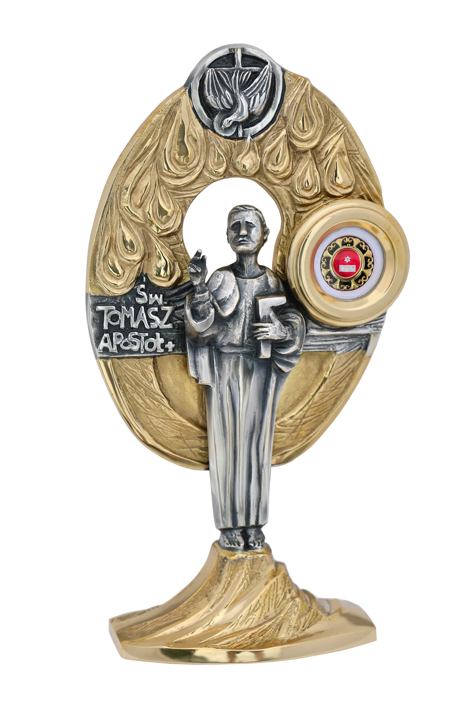 Relikwiarz św. Tomasza Apostoła – złota konstrukcja z postacią apostoła trzymającego księgę i symbolem Ducha Świętego