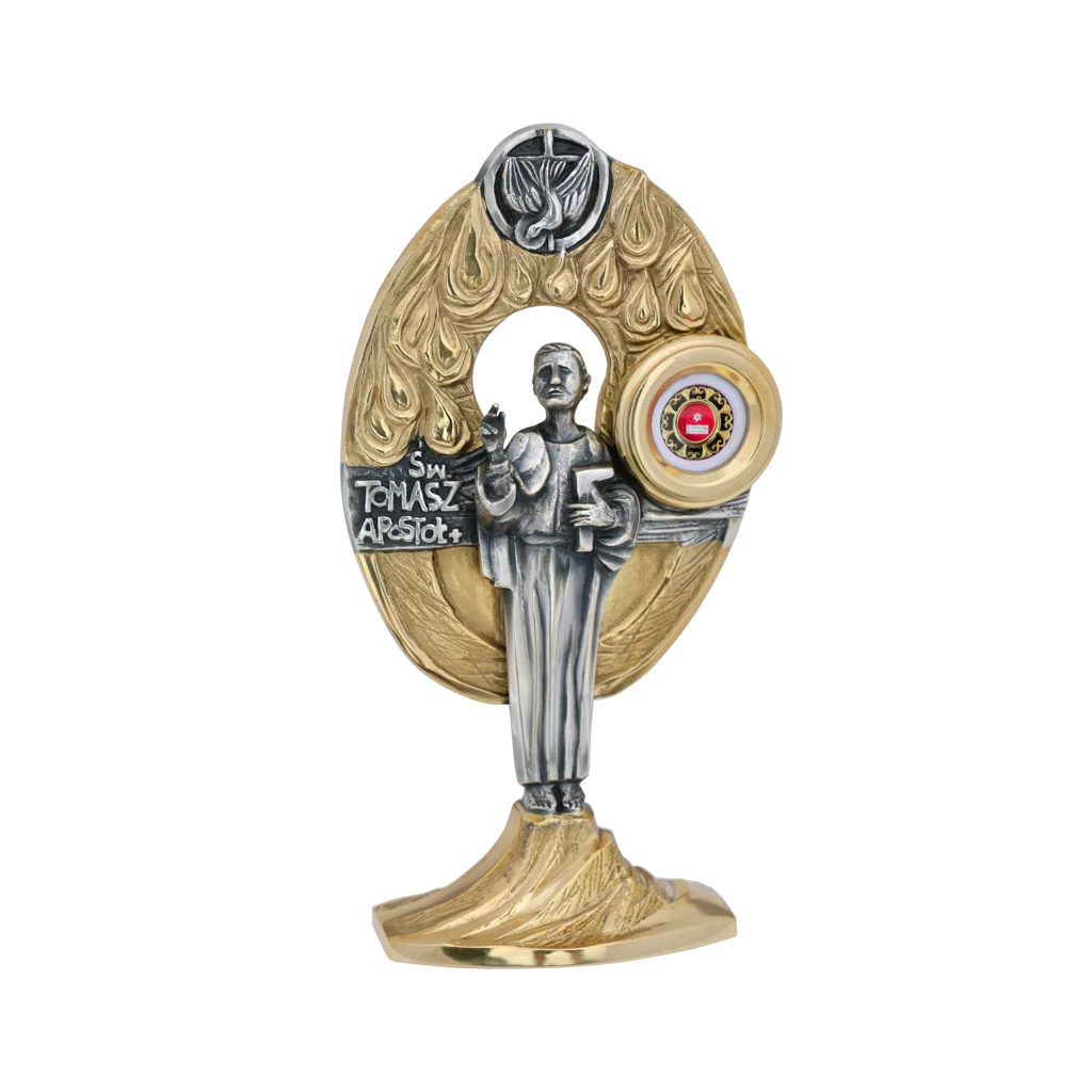 Relikwiarz św. Tomasza Apostoła – złota konstrukcja z postacią apostoła trzymającego księgę i symbolem Ducha Świętego