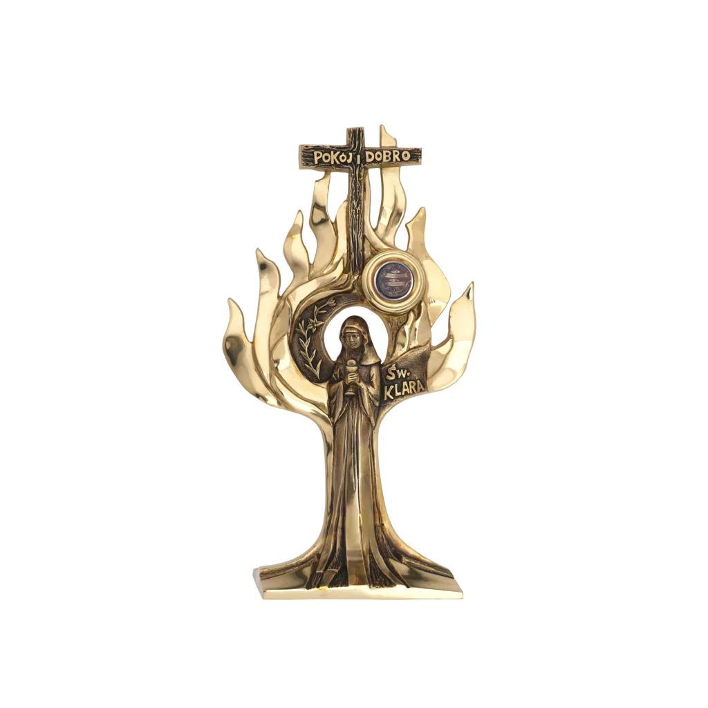 Relikwiarz św. Klary – złote drzewo z płomieniami, krzyż z napisem Pokój i Dobro oraz postać świętej