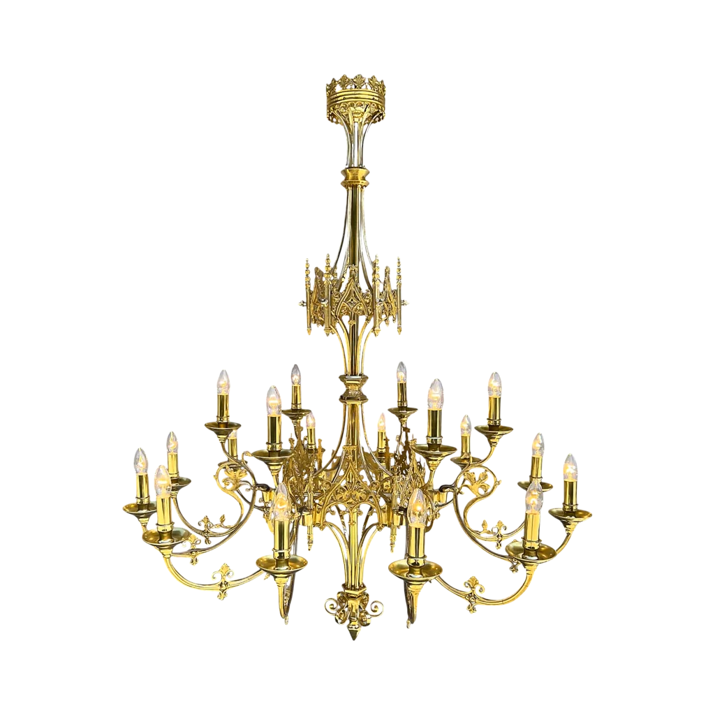 Złocony żyrandol kościelny w stylu gotyckim, rzemieślniczy wyrób brązowniczy ARTBRASS
